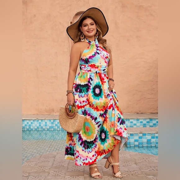 🌟Host Pick🌟NIP-Plus Size Tie Dye Print Cross Front Halter Dress - Picture 1 of 4